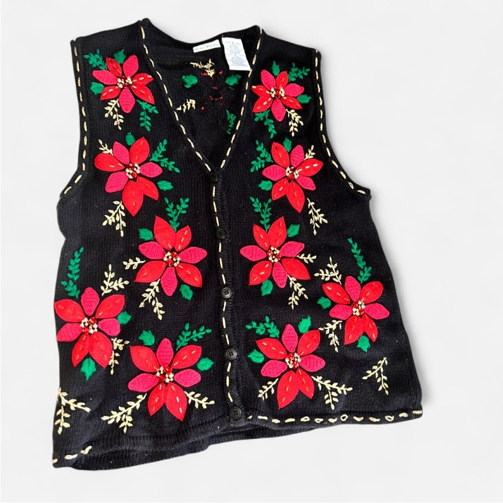 Bobbie Brooks Black Vest with Red and Green Embroidery